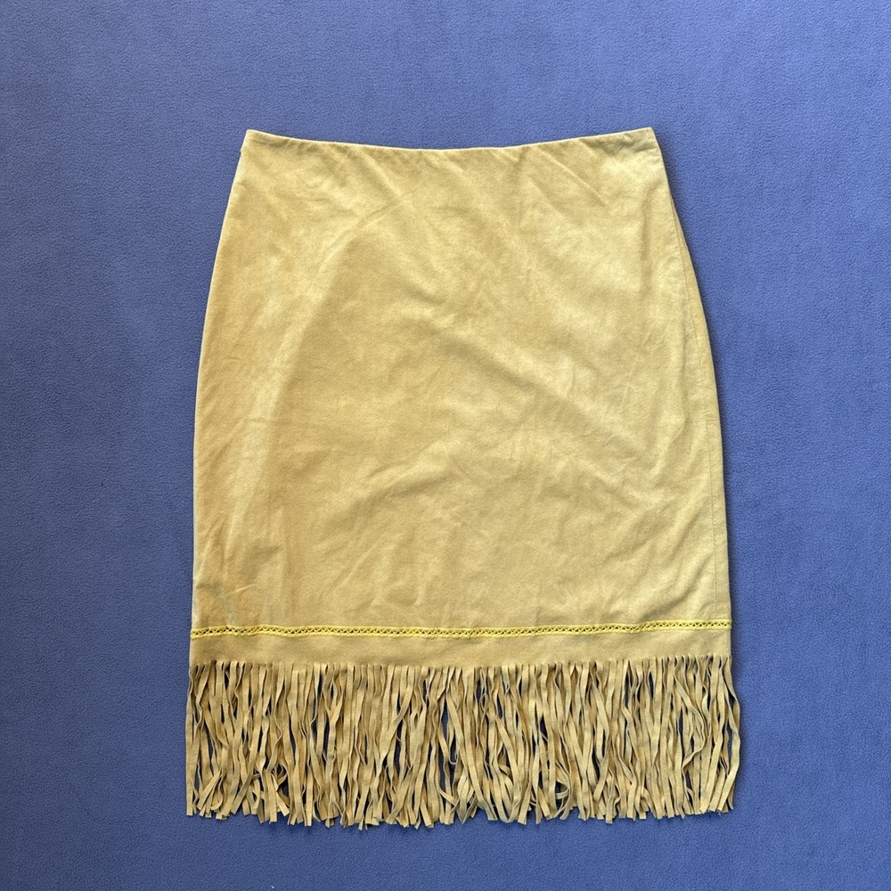 Vintage Poleci Fringe Skirt Womens 4 Yellow Pencil Faux Suede Y2K‎ Boho USA